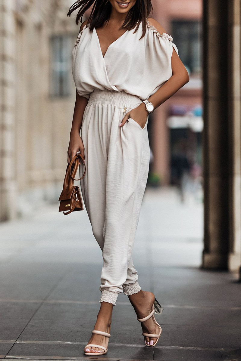 Casual Solid Patchwork V Neck Harlan Jumpsuits White