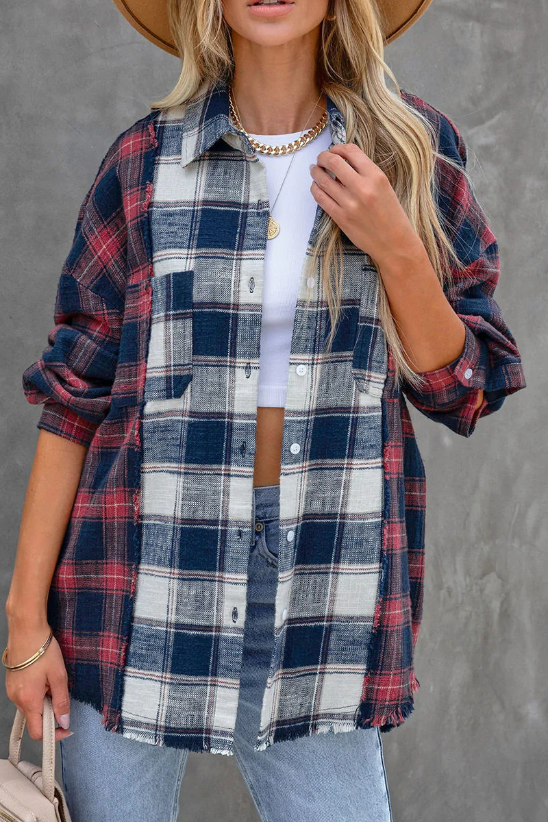 Casual Plaid Patchwork Turndown Collar Tops Black