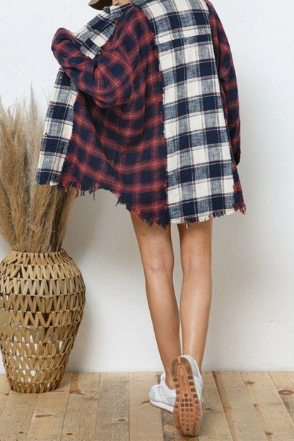 Casual Plaid Patchwork Turndown Collar Tops