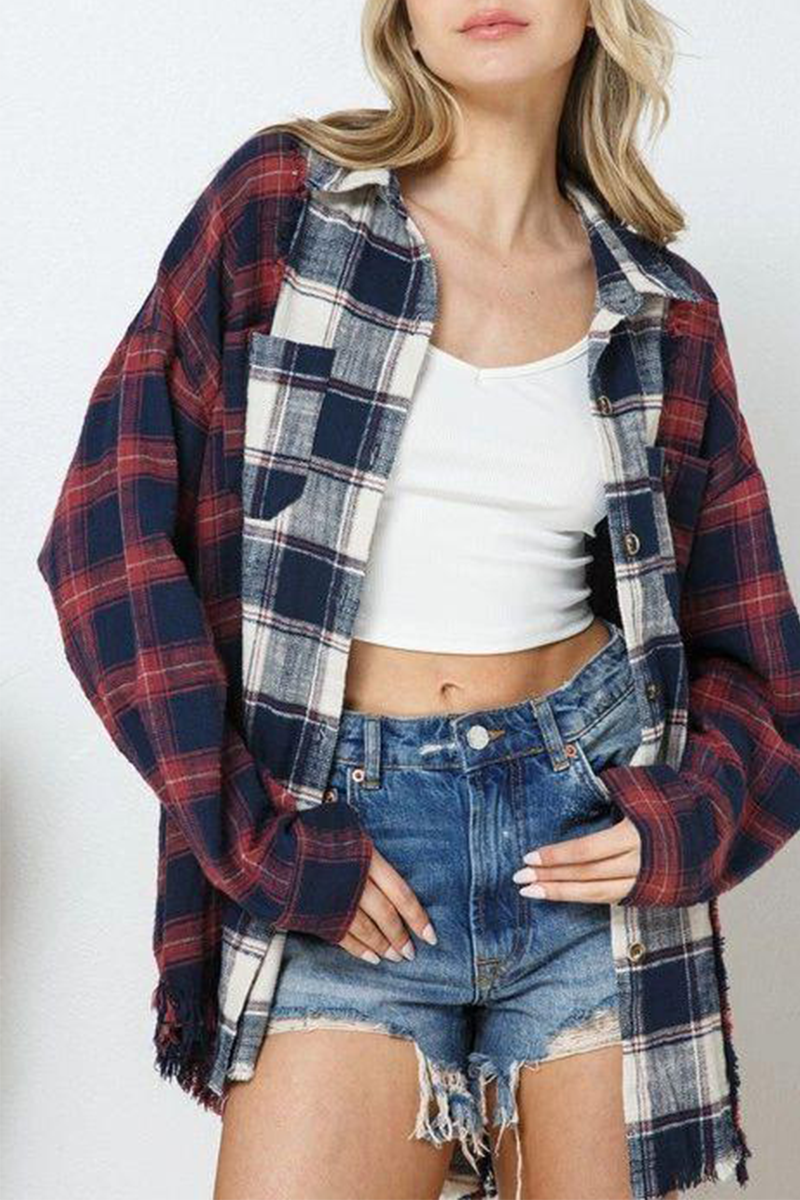 Casual Plaid Patchwork Turndown Collar Tops