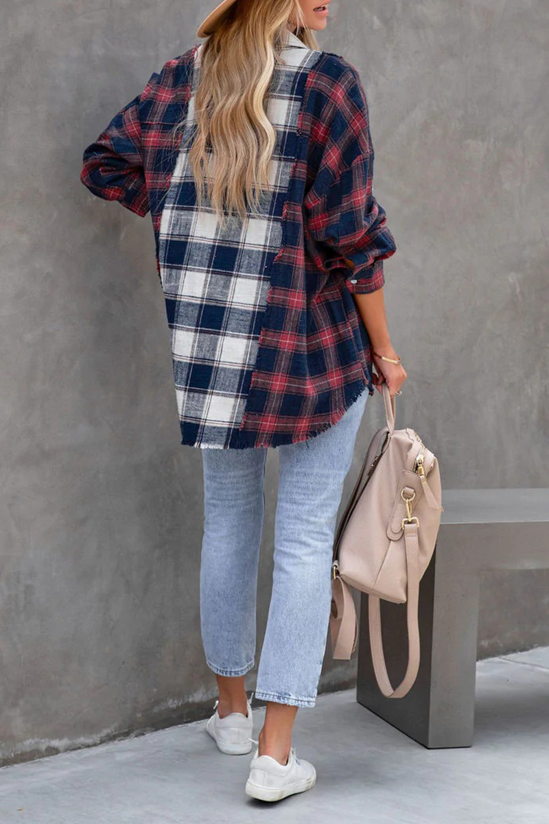 Casual Plaid Patchwork Turndown Collar Tops