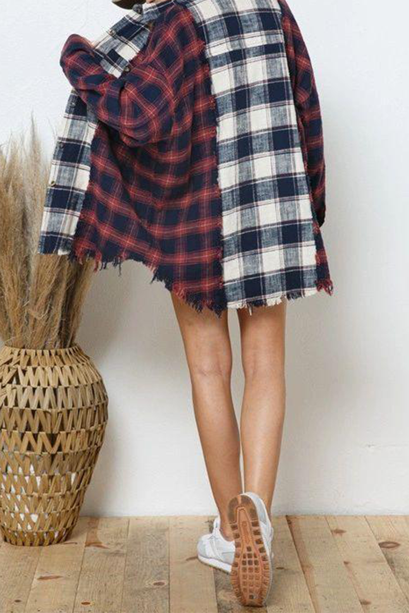 Casual Plaid Patchwork Turndown Collar Tops