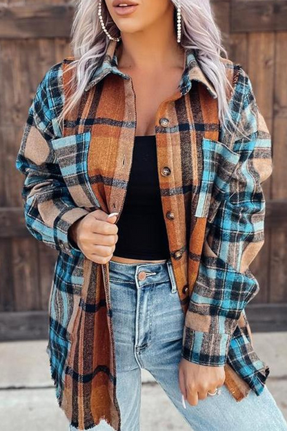 Casual Plaid Patchwork Turndown Collar Blouses Brown