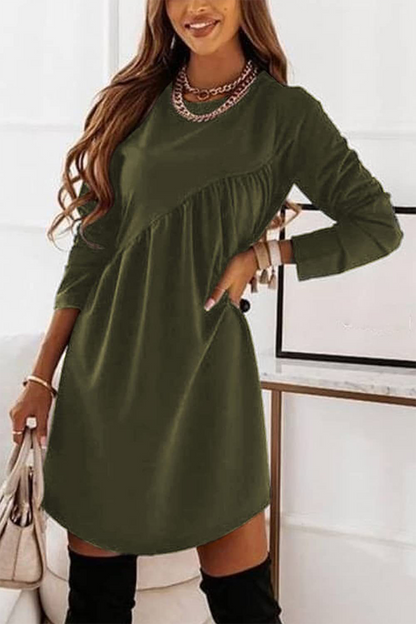 Fashion Solid Patchwork O Neck Straight Dresses(7 Colors) Army Green