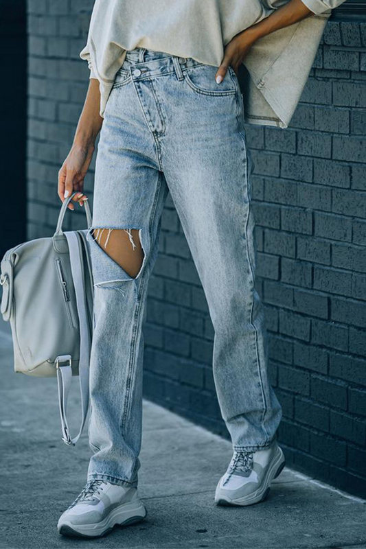 Casual Solid Ripped Straight Denim Jeans Blue