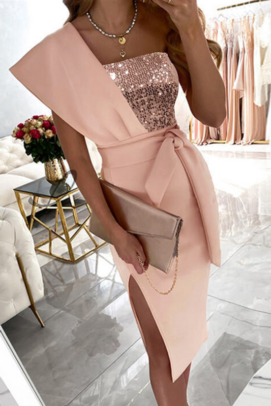 Fashion Patchwork Sequins One Shoulder Pencil Skirt Dresses Pink