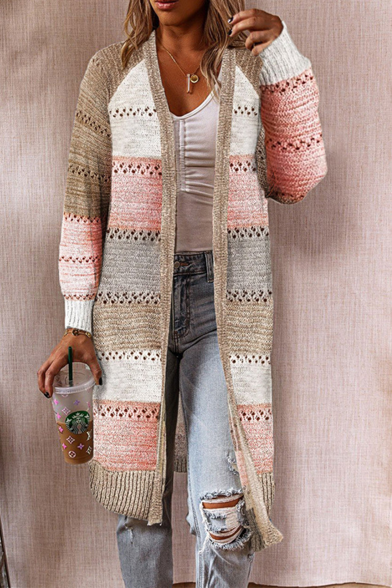 Casual Patchwork Hollowed Out Cardigan Collar Outerwear Pink