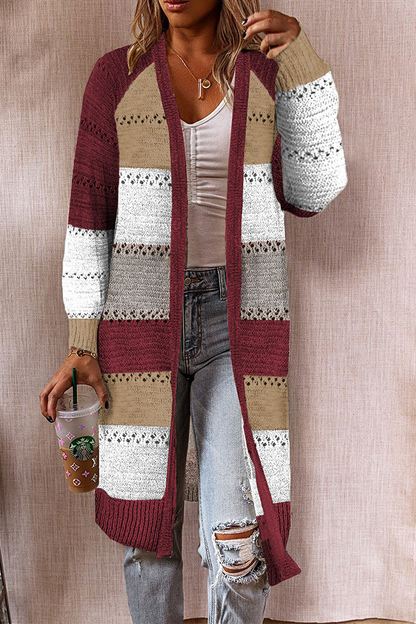 Casual Patchwork Hollowed Out Cardigan Collar Outerwear Burgundy