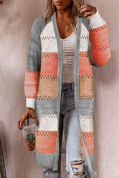 Casual Patchwork Hollowed Out Cardigan Collar Outerwear Tangerine Red