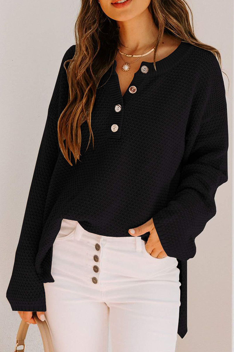 Casual Solid Buckle V Neck Sweaters(4 Colors) Black