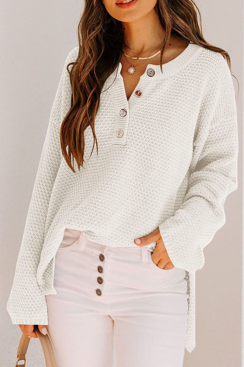 Casual Solid Buckle V Neck Sweaters(4 Colors) White