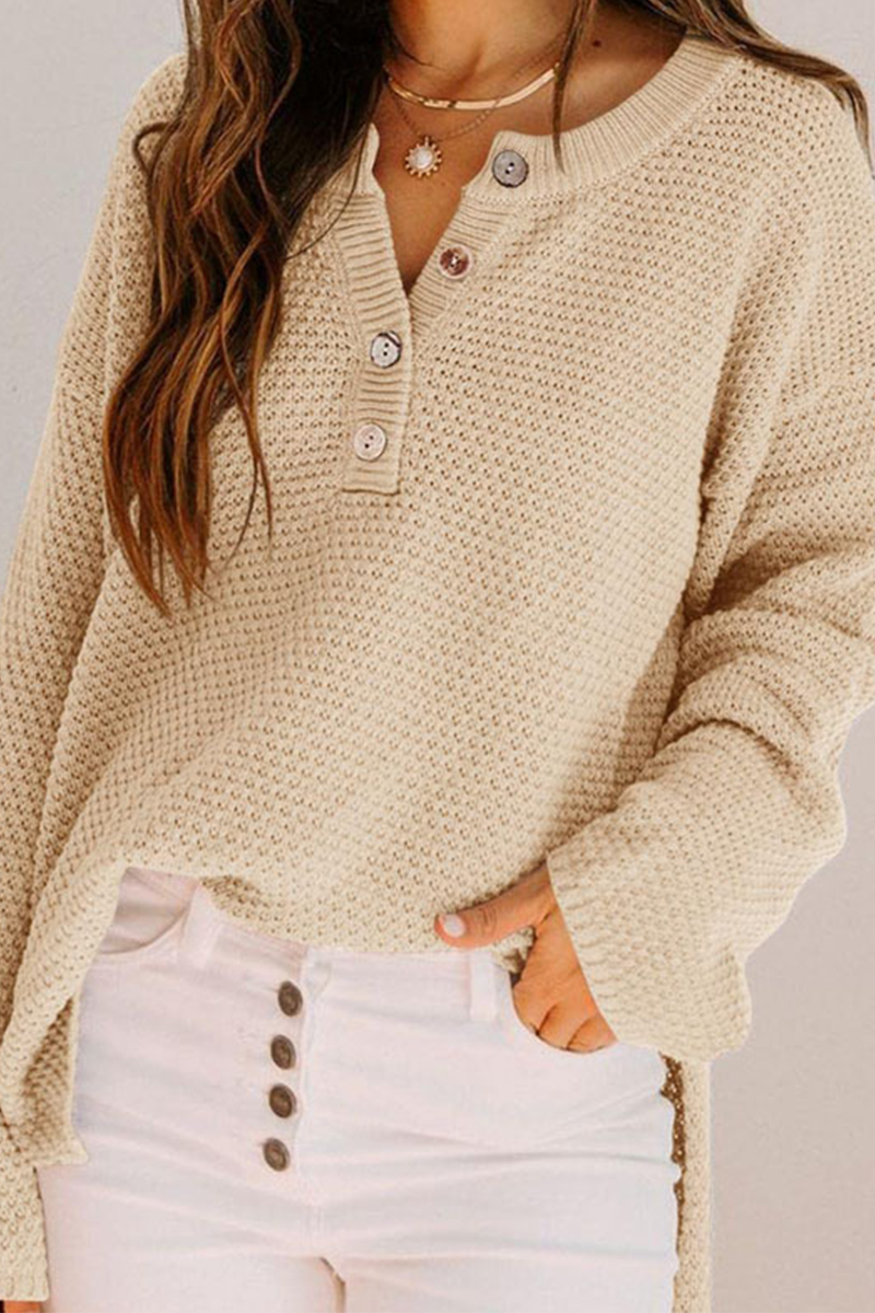 Casual Solid Buckle V Neck Sweaters(4 Colors) Apricot