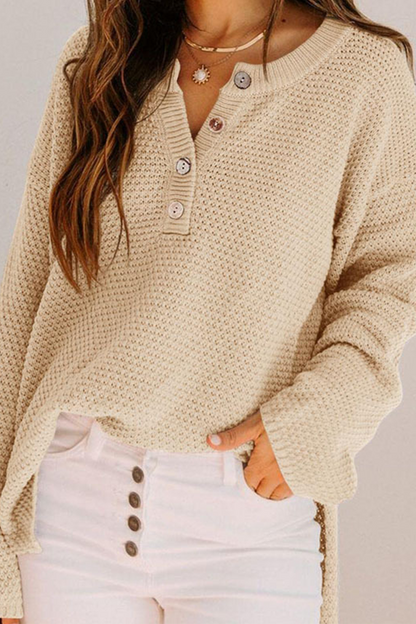 Casual Solid Buckle V Neck Sweaters(4 Colors) Apricot