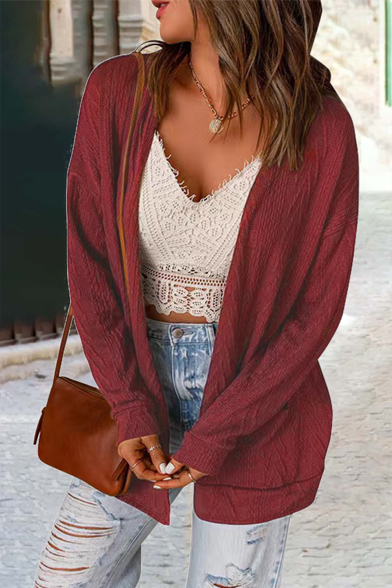 Casual Solid Patchwork Cardigan Collar Tops(6 Colors) Burgundy