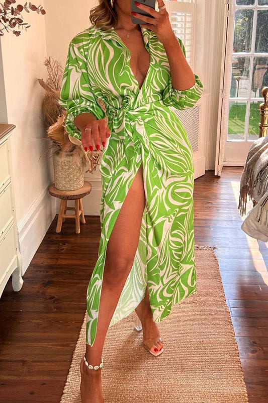 Casual Print Bandage Patchwork Turndown Collar Straight Dresses(6 Colors) Green