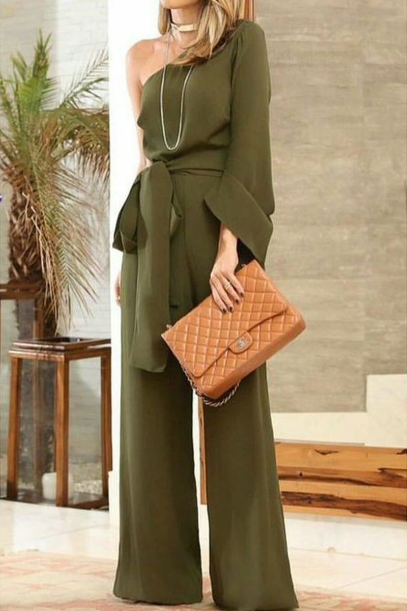 Fashion Solid Zipper One Shoulder Straight Jumpsuits Army Green