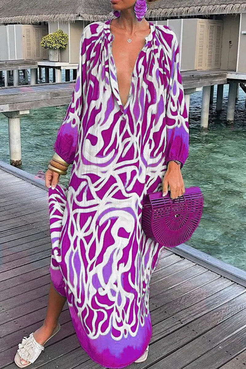 Sexy Print Patchwork V Neck Straight Dresses(3 Colors) Purple