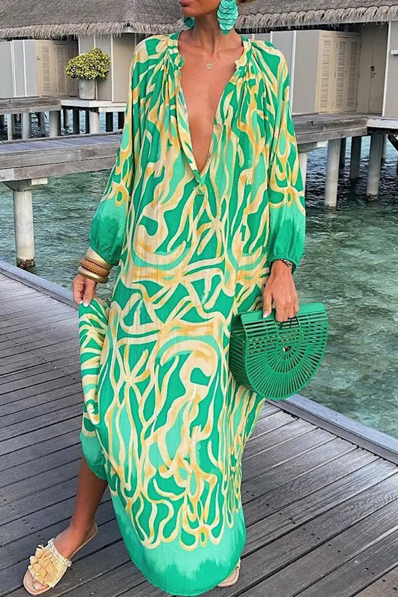 Sexy Print Patchwork V Neck Straight Dresses(3 Colors) Green