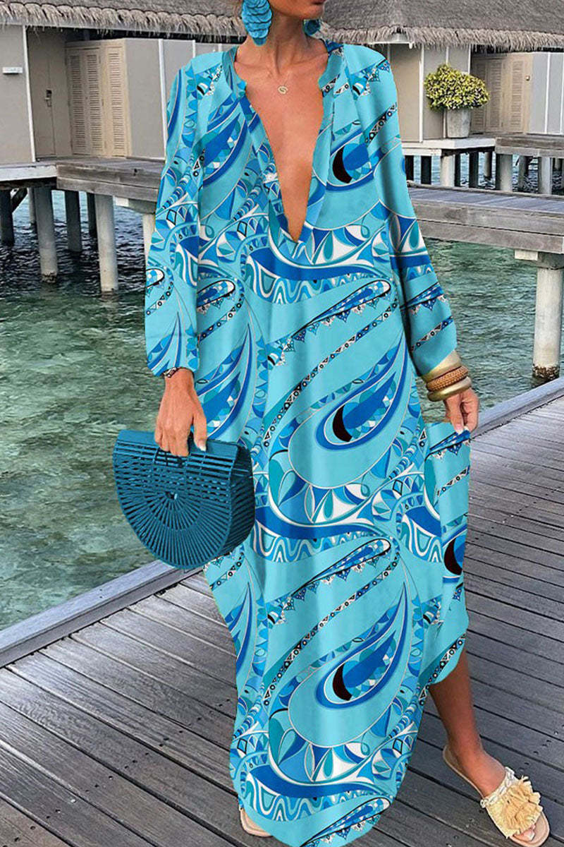 Fashion Sexy Print Patchwork V Neck Straight Dresses(10 Colors) Lake Blue