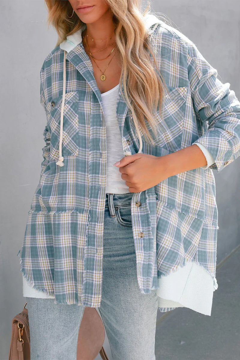 Casual Plaid Striped Patchwork Hooded Collar Blouses Sky Blue