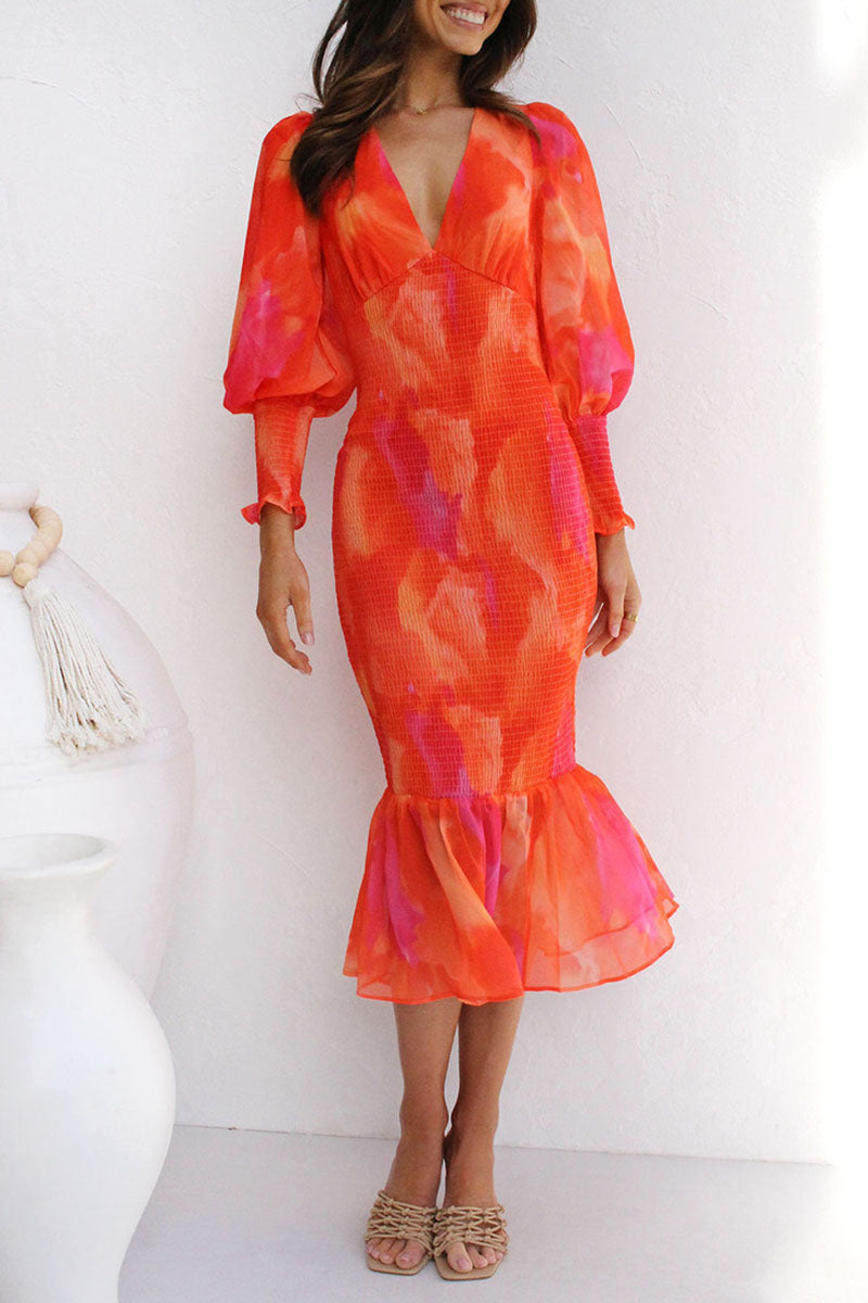 Casual Print Patchwork Flounce V Neck One Step Skirt Dresses Orange