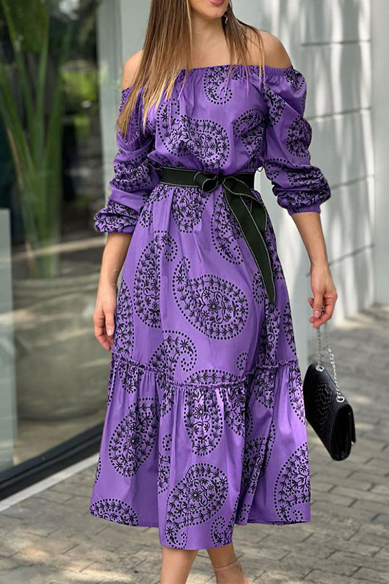 Fashion Print Printing Off the Shoulder A Line Dresses(3 Colors) Purple