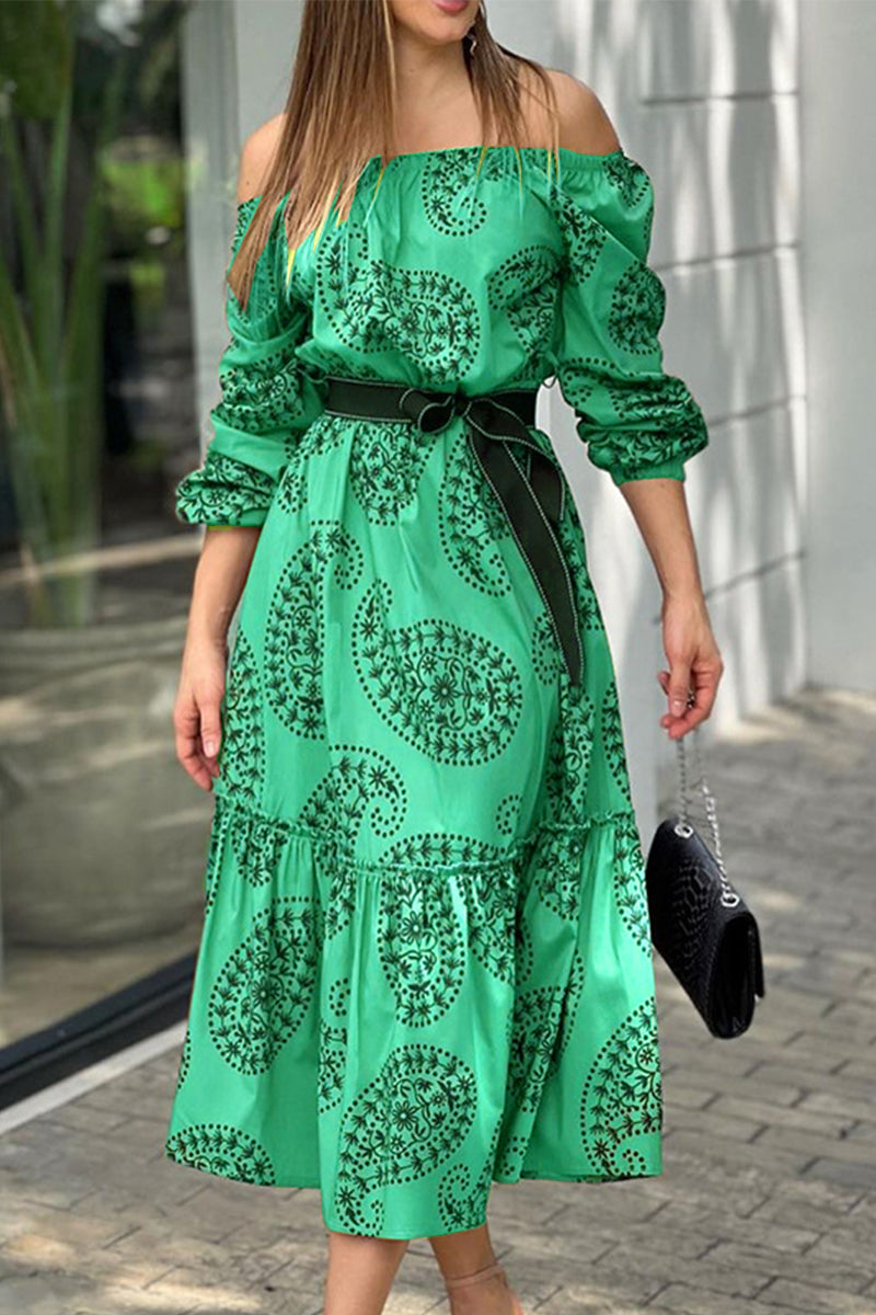 Fashion Print Printing Off the Shoulder A Line Dresses(3 Colors) Green