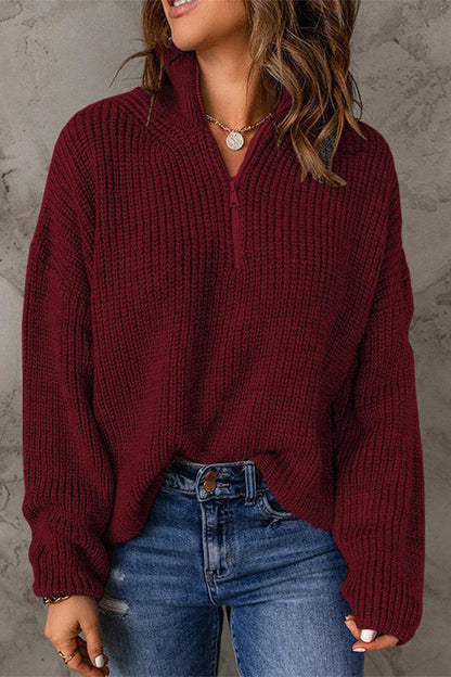 Fashion Solid Zipper Zipper Collar Sweaters(8 Colors) Burgundy