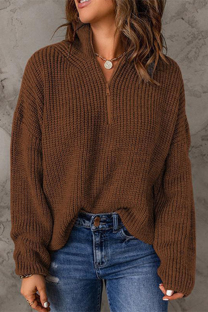 Fashion Solid Zipper Zipper Collar Sweaters(8 Colors) Dark Brown