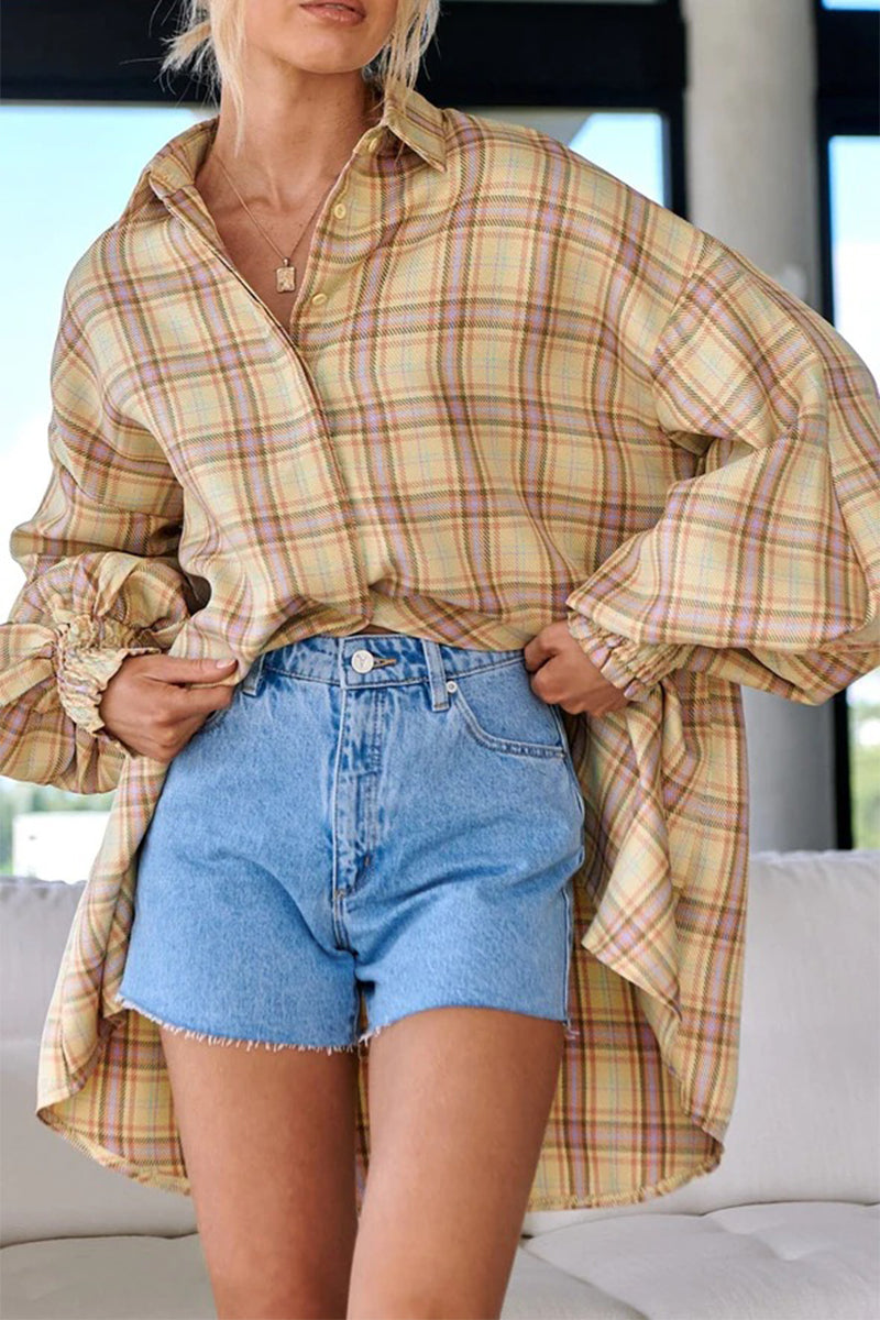 Fashion Plaid Buckle Turndown Collar Blouses(3 Colors) Earth Yellow