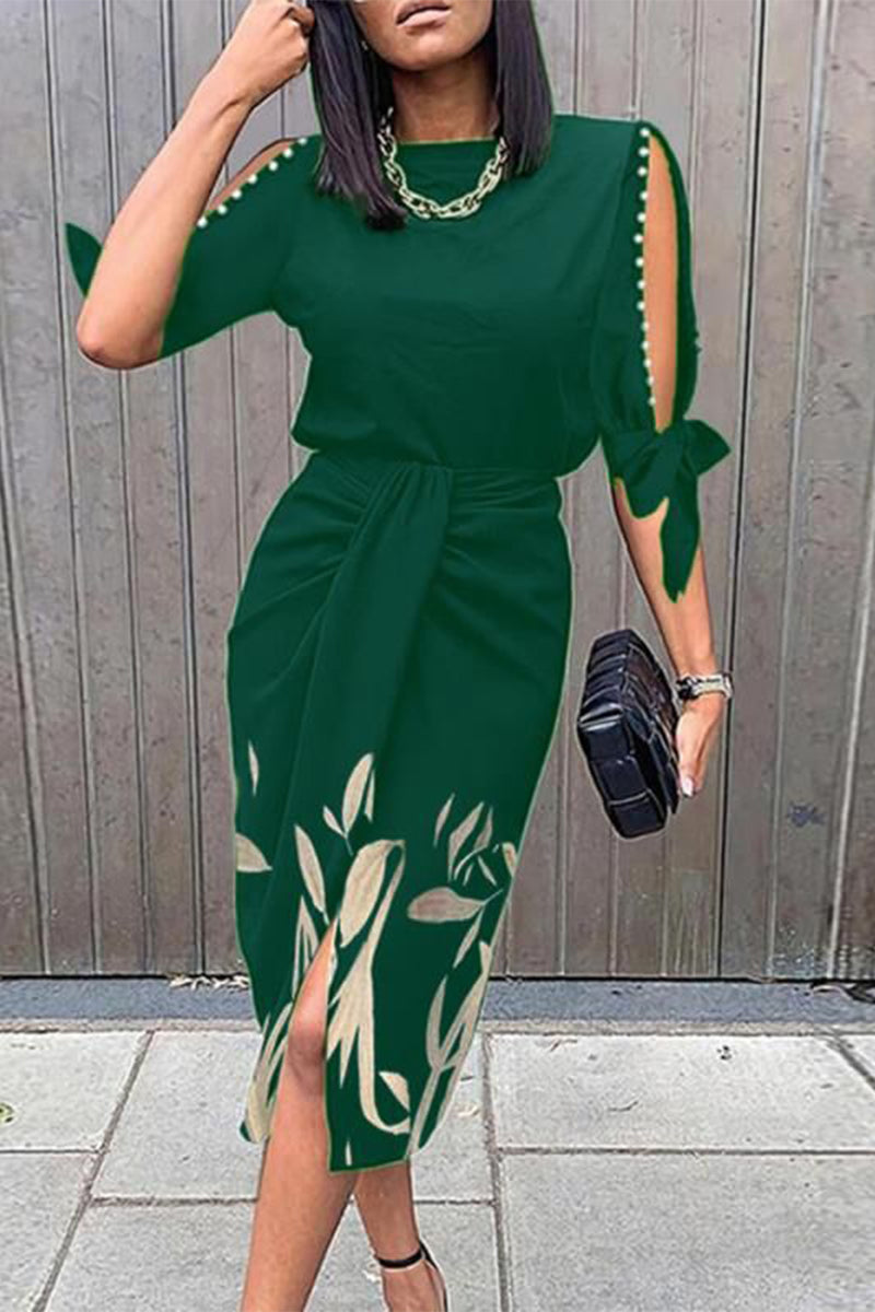 Fashion Elegant Print Slit Beading O Neck Dresses Green