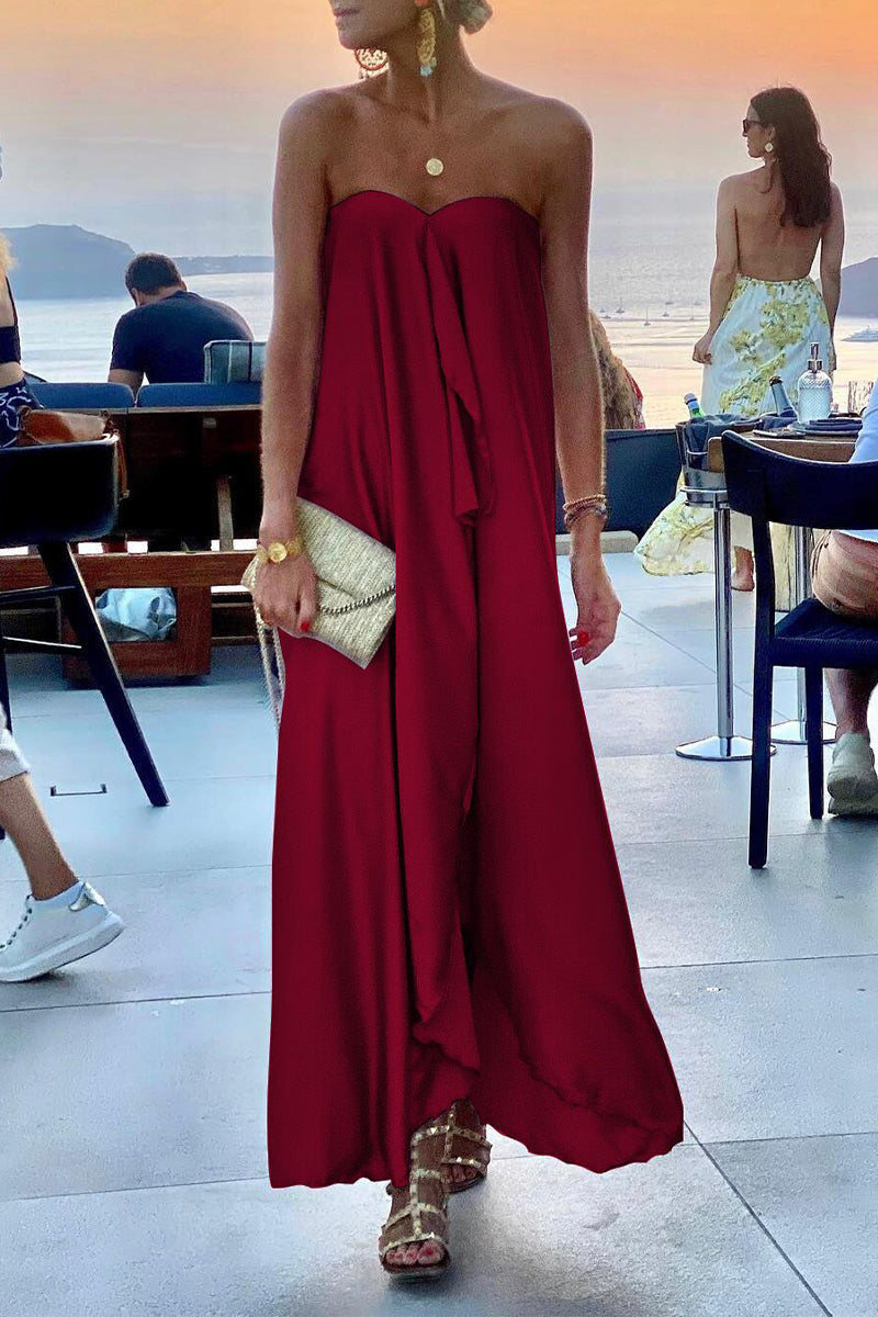 Fashion Solid Patchwork Strapless Straight Dresses(4 Colors) Burgundy