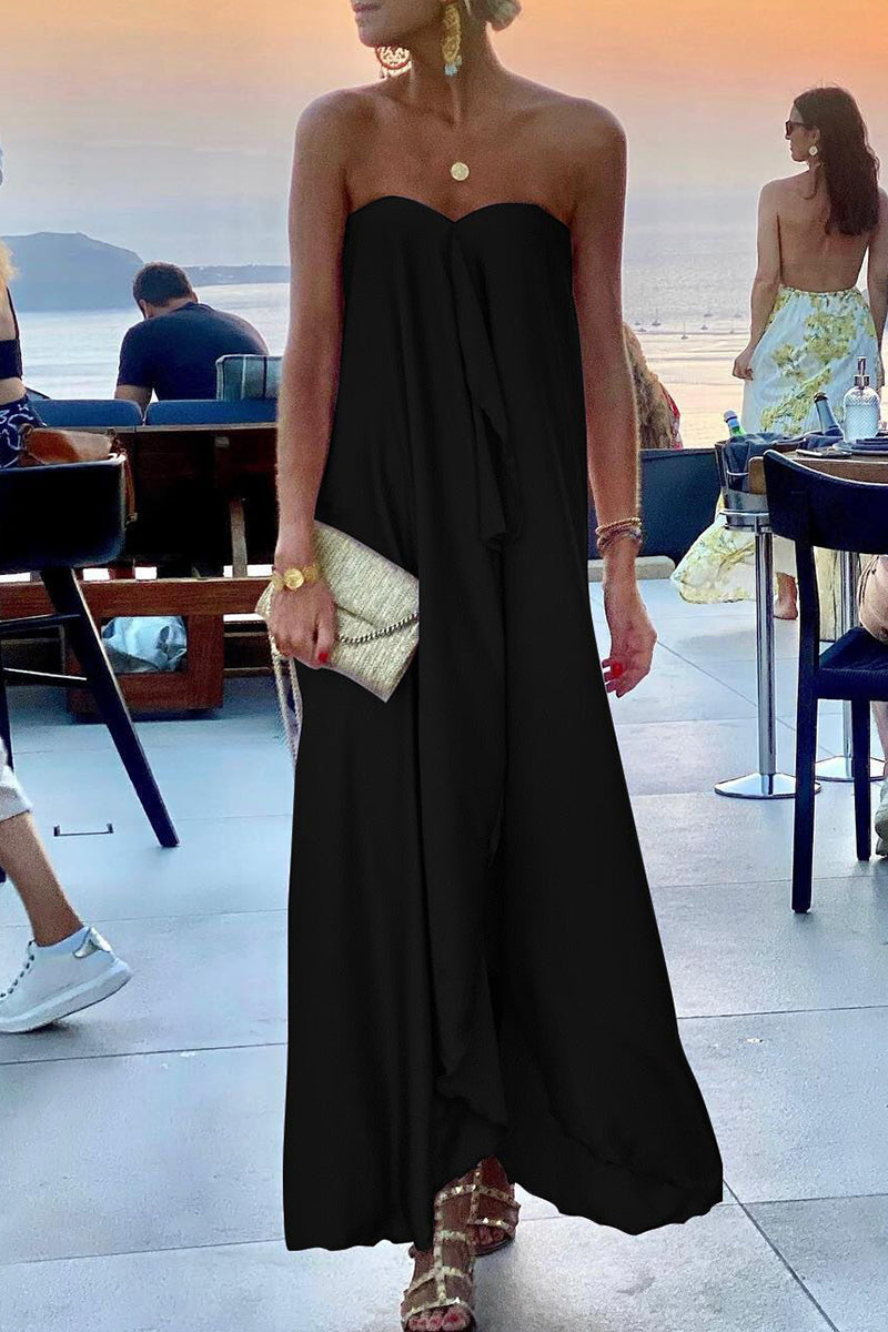 Fashion Solid Patchwork Strapless Straight Dresses(4 Colors) Black