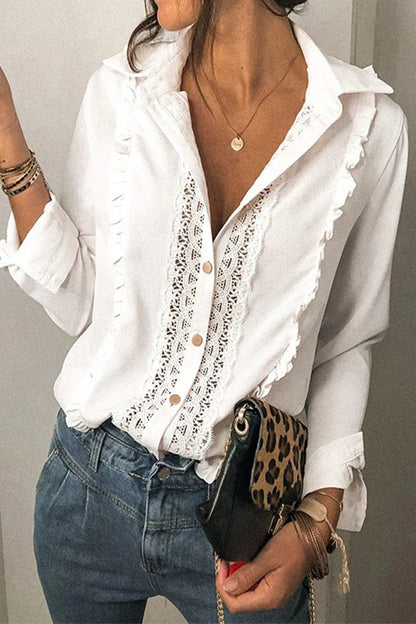 Fashion Solid Patchwork Turndown Collar Blouses White