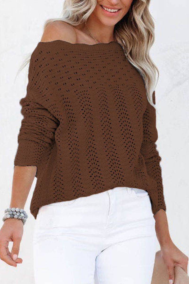 Casual Solid Hollowed Out Patchwork O Neck Sweaters(7 Colors) Brown