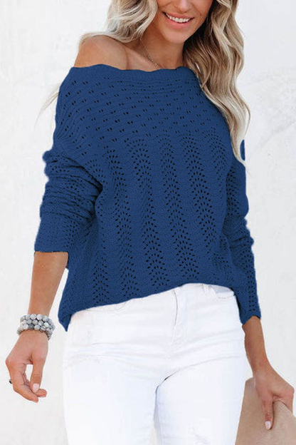 Casual Solid Hollowed Out Patchwork O Neck Sweaters(7 Colors) Deep Blue