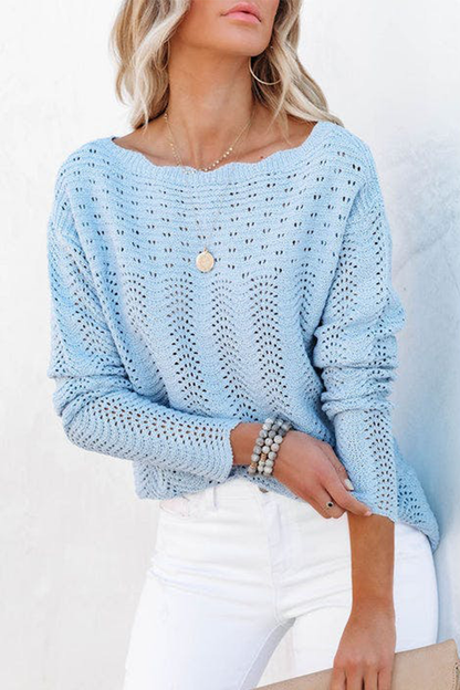 Casual Solid Hollowed Out Patchwork O Neck Sweaters(7 Colors) Light Blue