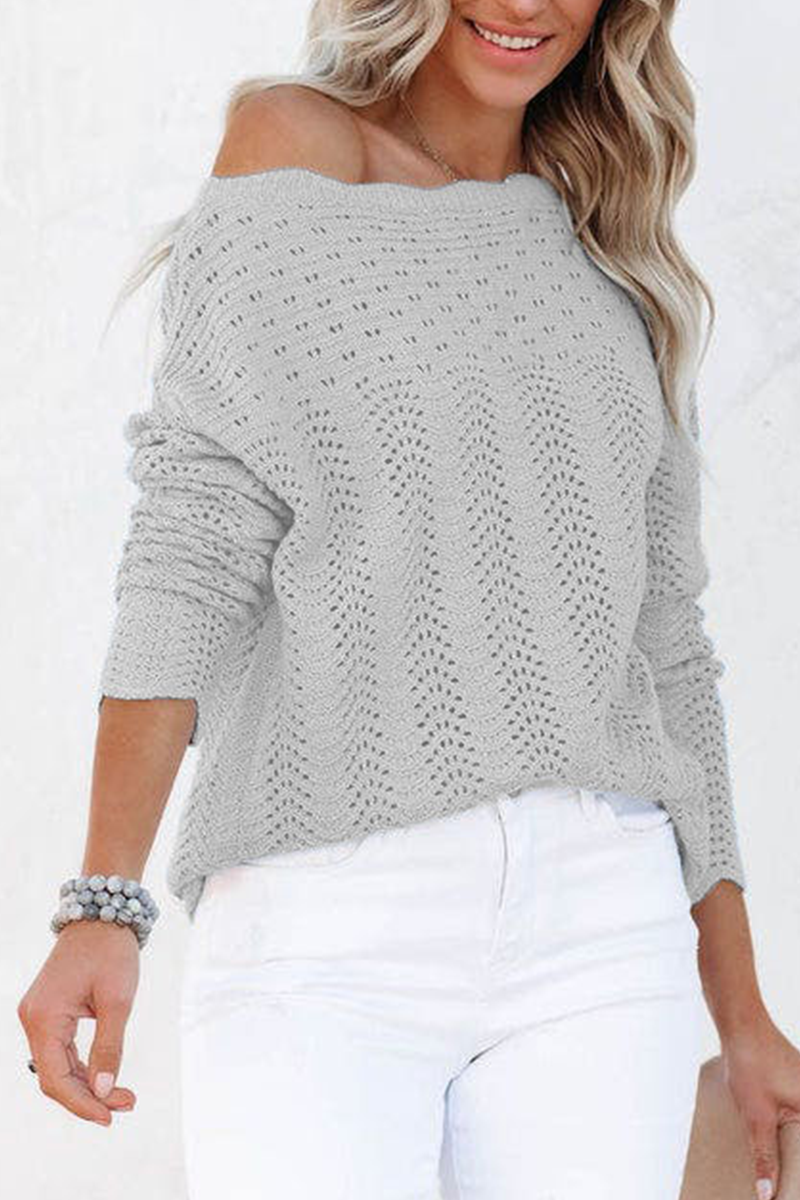 Casual Solid Hollowed Out Patchwork O Neck Sweaters(7 Colors) Grey