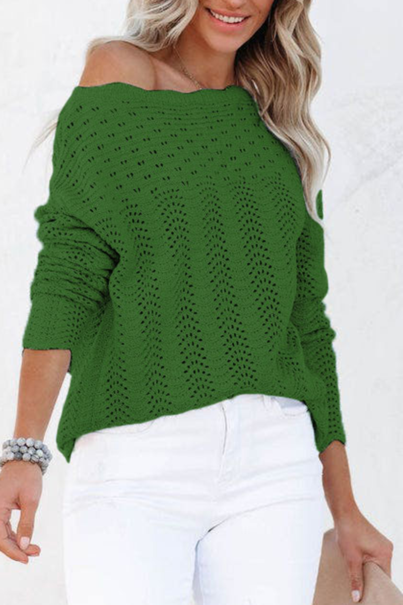 Casual Solid Hollowed Out Patchwork O Neck Sweaters(7 Colors) Green