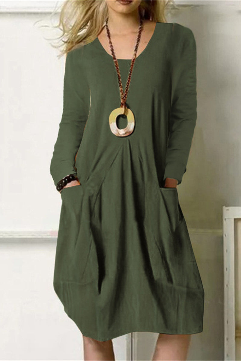 Casual Solid Pocket O Neck Long Sleeve Dresses(4 Colors) Army Green