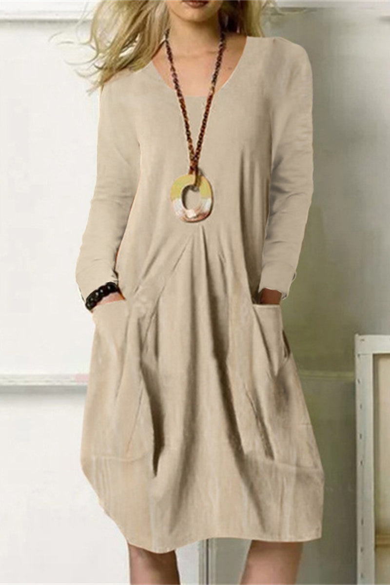 Casual Solid Pocket O Neck Long Sleeve Dresses(4 Colors) Khaki