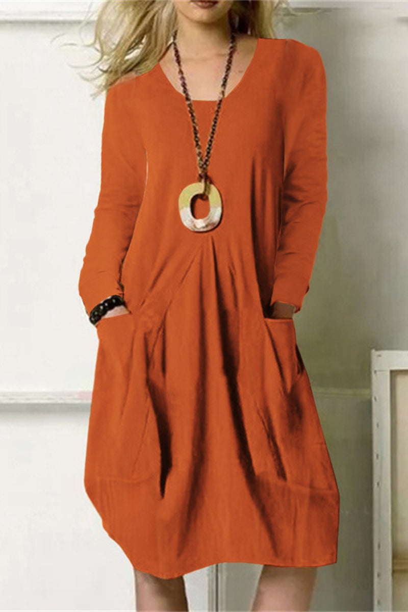 Casual Solid Pocket O Neck Long Sleeve Dresses(4 Colors) Orange Red