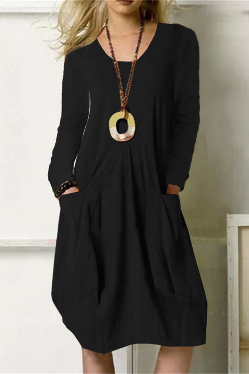 Casual Solid Pocket O Neck Long Sleeve Dresses(4 Colors) Black