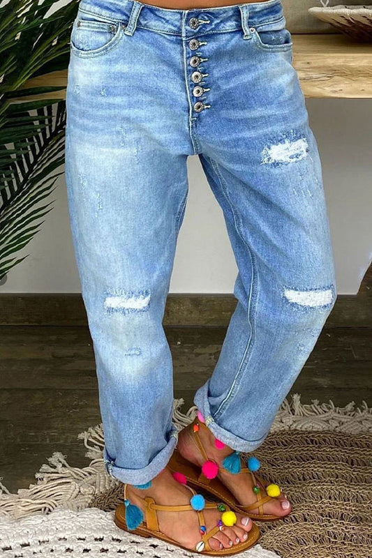 Fashion Street Patchwork Ripped High Waist Denim Jeans Baby Blue