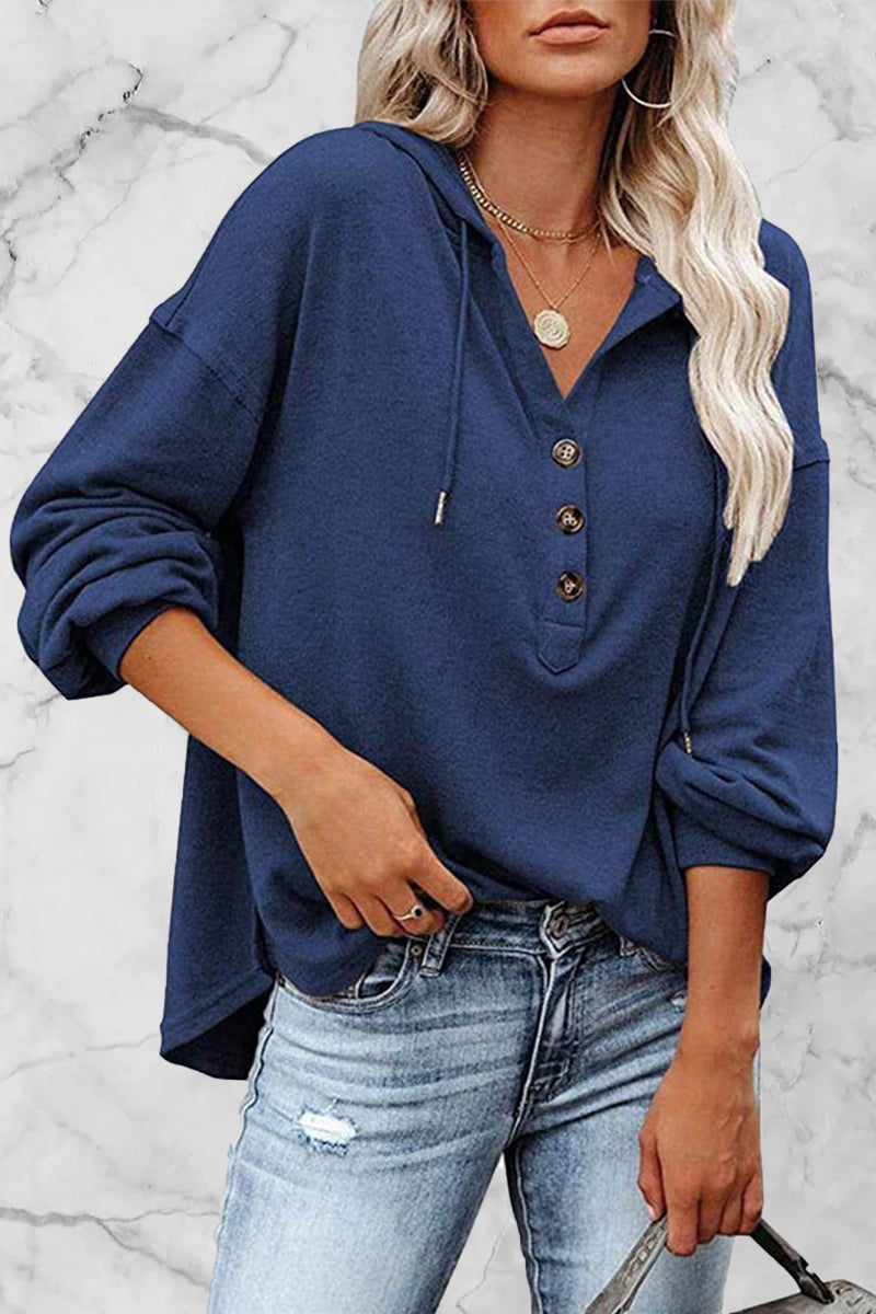 Casual Solid Frenulum V Neck Hoodies(11 Colors) Deep Blue