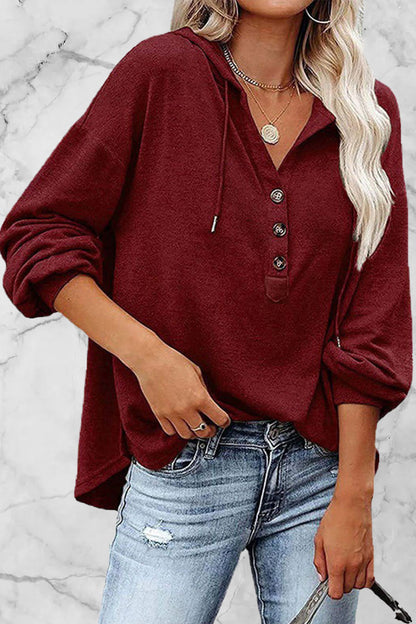 Casual Solid Frenulum V Neck Hoodies(11 Colors) Burgundy