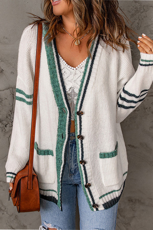 Fashion Plaid Striped Contrast V Neck Tops White