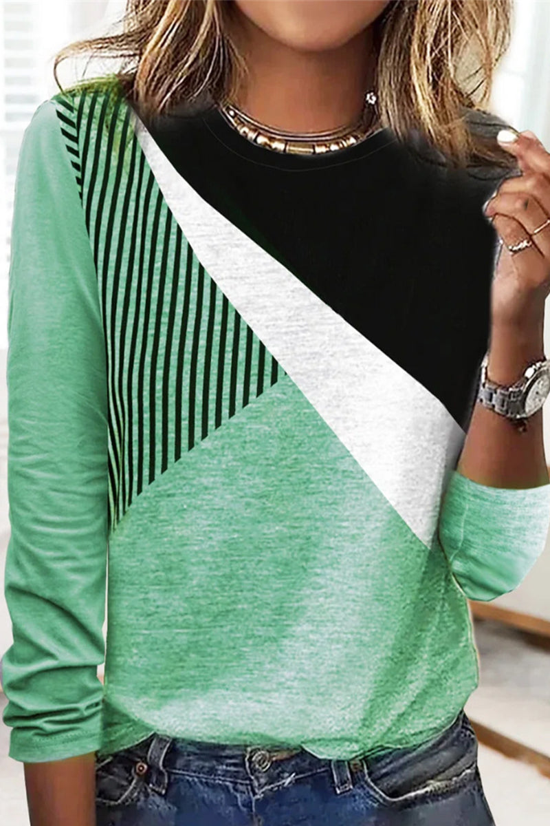 Fashion Print Contrast O Neck Tops(3 Colors) Green