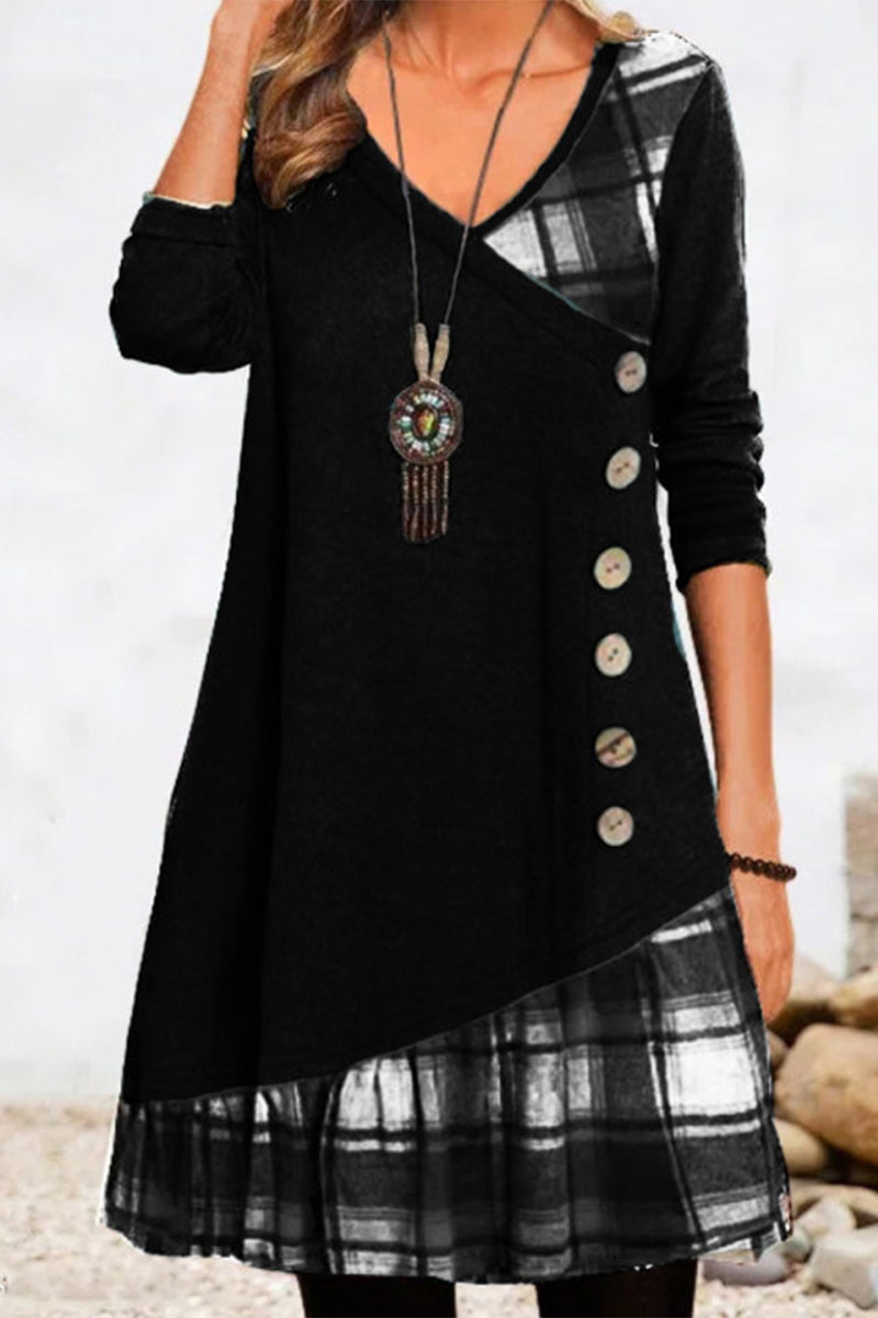 Casual Plaid Patchwork Buttons V Neck A Line Dresses Black