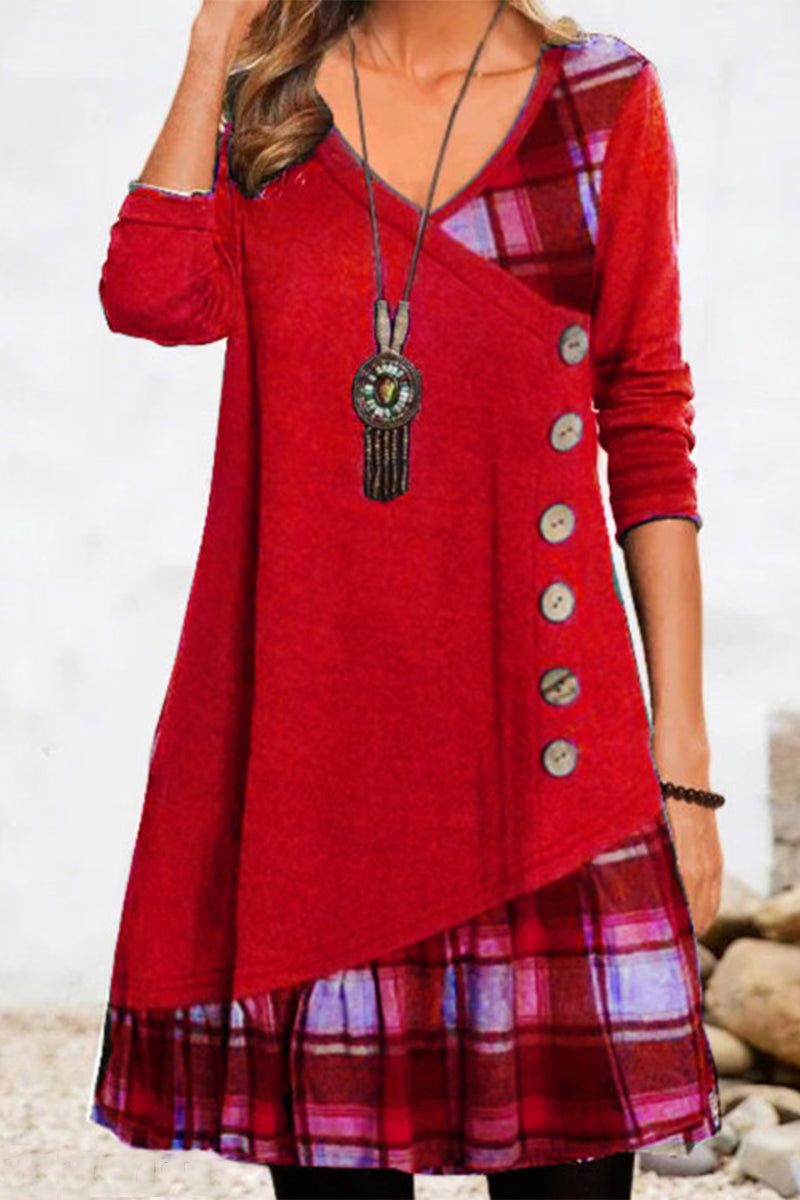 Casual Plaid Patchwork Buttons V Neck A Line Dresses Red